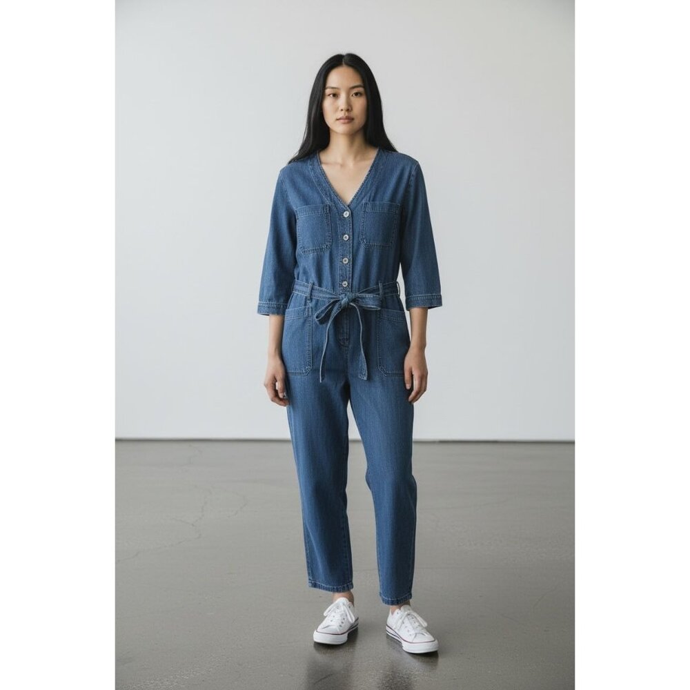 Gap Denim Button-Front Jumpsuit With Tie Waist & Pockets Tall Size 16 Tall